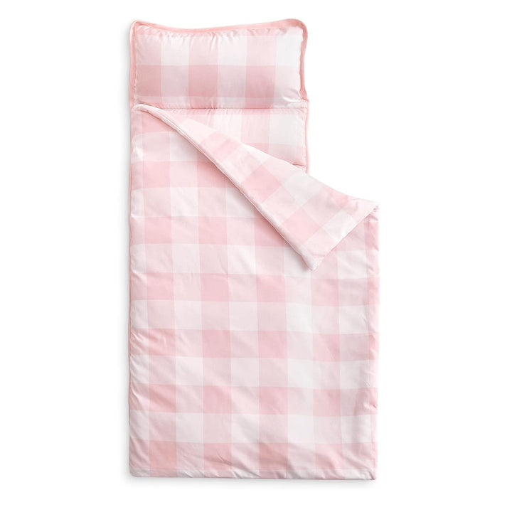 - Toddler Nap Mat with Pillow and Blanket, for Kids Boys Girls in Kindergarten Daycare Preschool Pre K, Roll up Sleeping Bag, Gingham Plaid Grid Checkered, Light Pink White, Standard