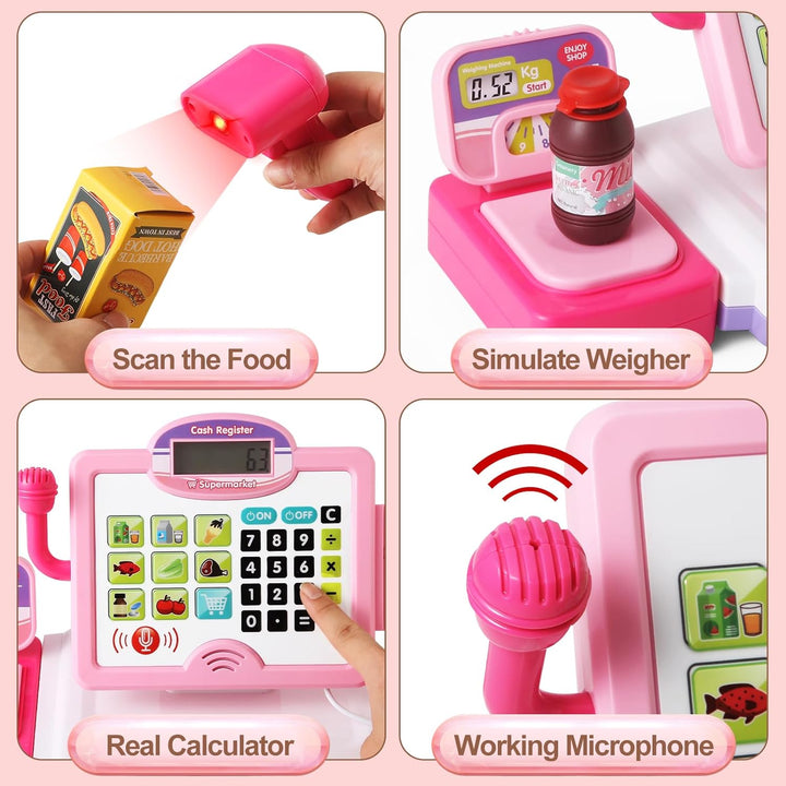 Play Calculator Cash Register Toy Gift for Kids Girls Age 3, 4, 5, 6, 7, 8+ Year Old, 57 Pcs Pink Pretend Grocery Store Playset, Incl Microphone, Credit Card, Scanner, Fake Food, Play Money for Kids