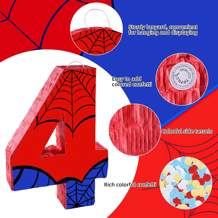 16 Inch Number 4 Spider Pinata with 16 Inch Piñata Stick Blindfold Confetti for Boy Girl Kids 4Th Birthday Party Decorations (4Th)