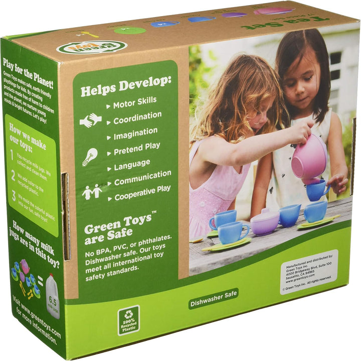 Tea Set, Pink 4C - 17 Piece Pretend Play, Motor Skills, Language & Communication Kids Role Play Toy. No BPA, Phthalates, PVC. Dishwasher Safe, Recycled Plastic, Made in USA.
