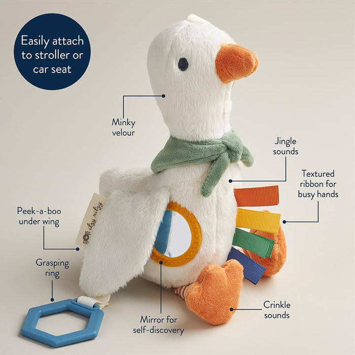 Bitzy Traveler Car Seat & Stroller Toy for Babies – Developmental Sensory Toy Features Crinkle & Rattle Sounds & Multiple Textures – Hanging Travel Buddy for On-The-Go Entertainment (Goose)