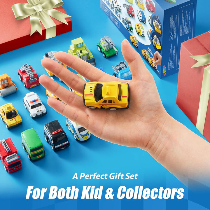 18 Pcs Pull Back City Cars and Trucks Toy Vehicles Set, Friction Powered Cars Toys for Toddlers, Boys, Girls’ Educational Play, Kids Stocking Stuffers, Treasure Box Gifts for Classroom