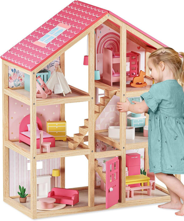 Wooden Dollhouse for Girls - 6 Rooms Wooden Doll House, DIY Pretend Doll House with 31Pcs Furniture Accessories, Creative Gift for Girl Ages 3+