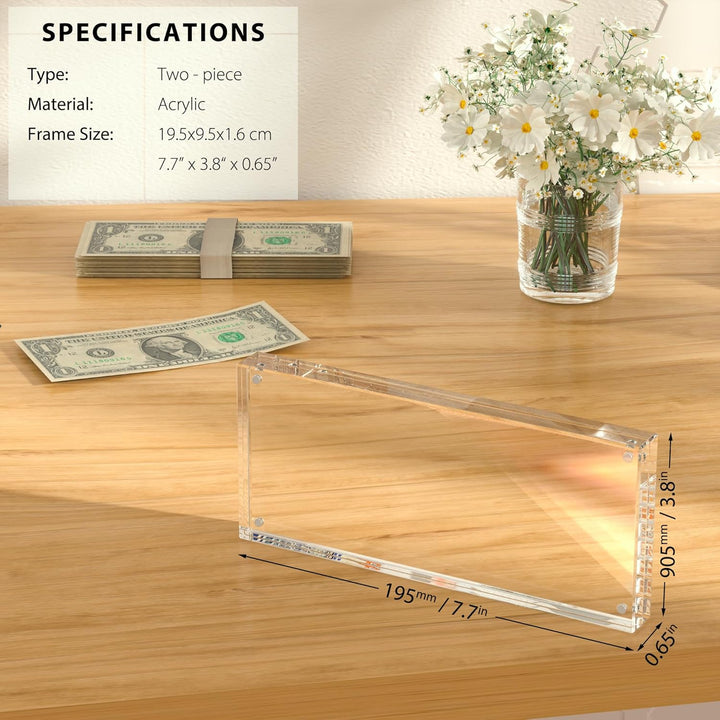 Dollar Bill Frame Display – 7.8" X 3.9" Acrylic Dollar Bill Holder, Thick Magnetic Self-Standing Display Case for Currency, Tickets, Banknotes, and Stamps