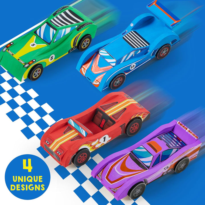 4 DIY Wooden Race Cars-Build & Paint Your Own Wood Craft Kit, 4 Race Cars Toy, Easy to Assemble Arts Crafts Kit, Birthday Party Presents for Kids Boys and Girls