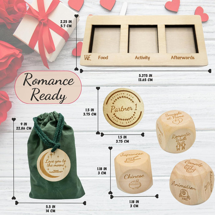 Deluxe Date Night Dice Game - Fun Romantic Couples Gift - 5 Dice, Decision Coin, Board & Carry Bag for Bachelorette, Anniversary, Wedding, Bridal Shower - Girlfriend Wife Husband Him Her Anniversaries