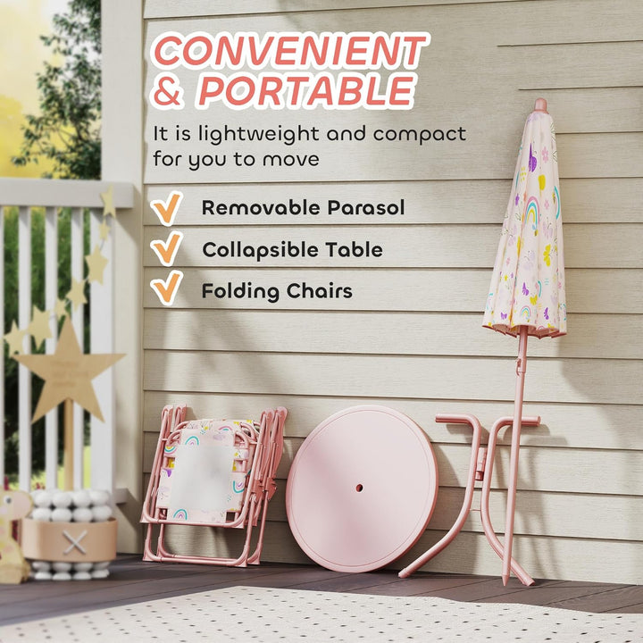 Kids Picnic Table and Chair Set, Outdoor Activity Table with Foldable Chairs, Removable Umbrella, Rainbow Pattern Toddler Patio Furniture for Backyard, Garden, Pink