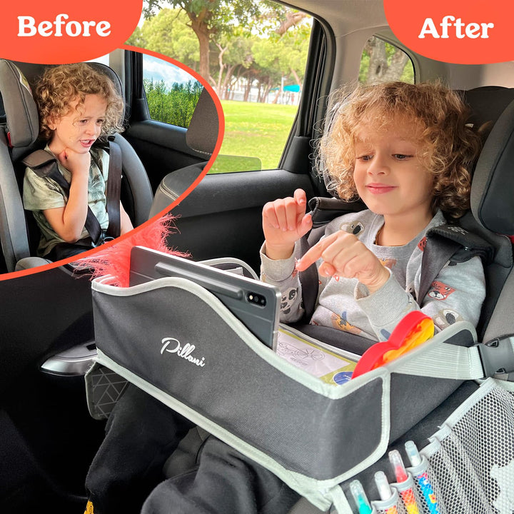Kids Travel Tray for Car - Car Seat Tray for Kids Travel, Road Trip Essentials - Carseat Table for Roadtrip Activities - Must Have Toddler Lap Desk Organizer for Airplane - Car Accessories