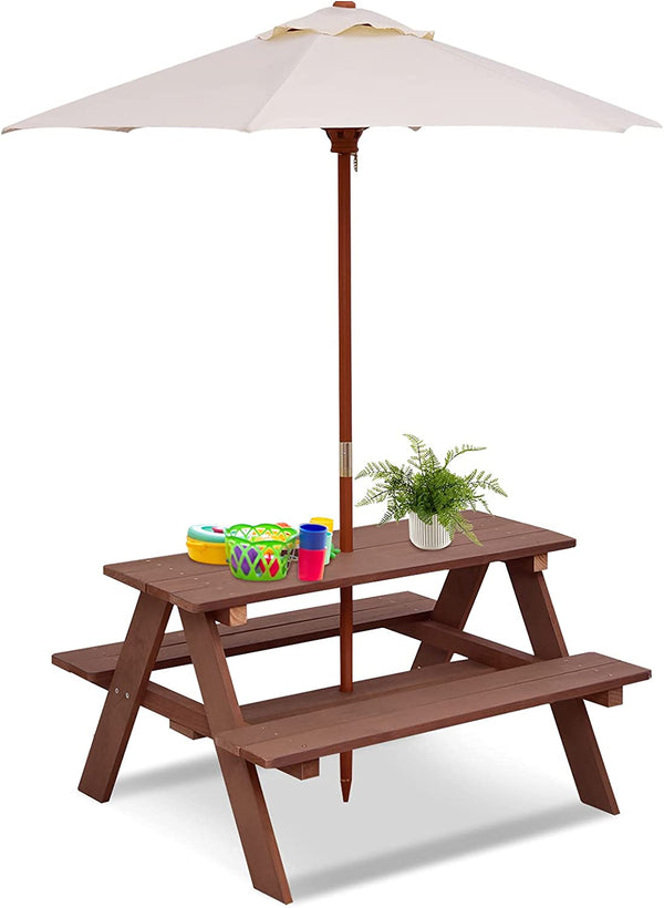 Kids Picnic Table, Outdoor Wooden Bench Set W/Removable Umbrella, Children Backyard Furniture for Patio Garden, Toddler Picnic Table for Outdoors, Gift for Boys Girls, Walnut
