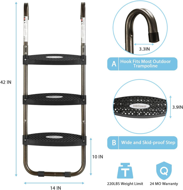 Trampoline Ladder, 3-Step Trampoline Steps with Horizontal Wide Steps, Skid-Proof Steps Universal Hook, UV Treated Steel, 220Lbs Capacity Trampoline Stairs Accessories for Kids/Children