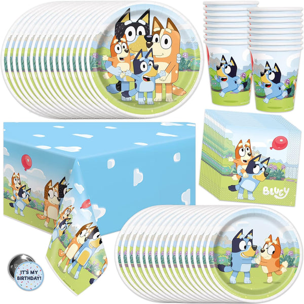 Bluey Birthday Party Supplies and Decorations - Bluey Tablecover, Plates, Cups, Napkins, Button