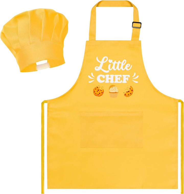2 Pcs Kid Apron and Chef Hat Set, Adjustable Children Blue Kitchen Apron Cooking Baking Painting and Training Kits Dress up Role Play Chef Toy Kid Funny Cooking Gift New Year