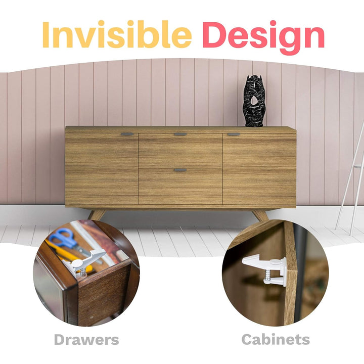 Cabinet Locks Baby Proofing - Child Proof Drawer Locks - Child Safety Cabinet Latches with 3M Adhesive Easy Installation - No Drilling or Extra Screws (8 Pack)