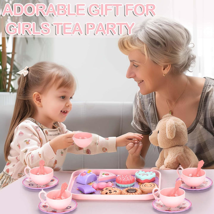 Kids Plastic Tea Party Set for Toddlers & Girls Ages 3-8 – Princess Pretend Play Kitchen Toy with Carrying Case, Teapot, Cups, Saucers, Dessert Toys & Tray | Gift for Little Girls Birthday