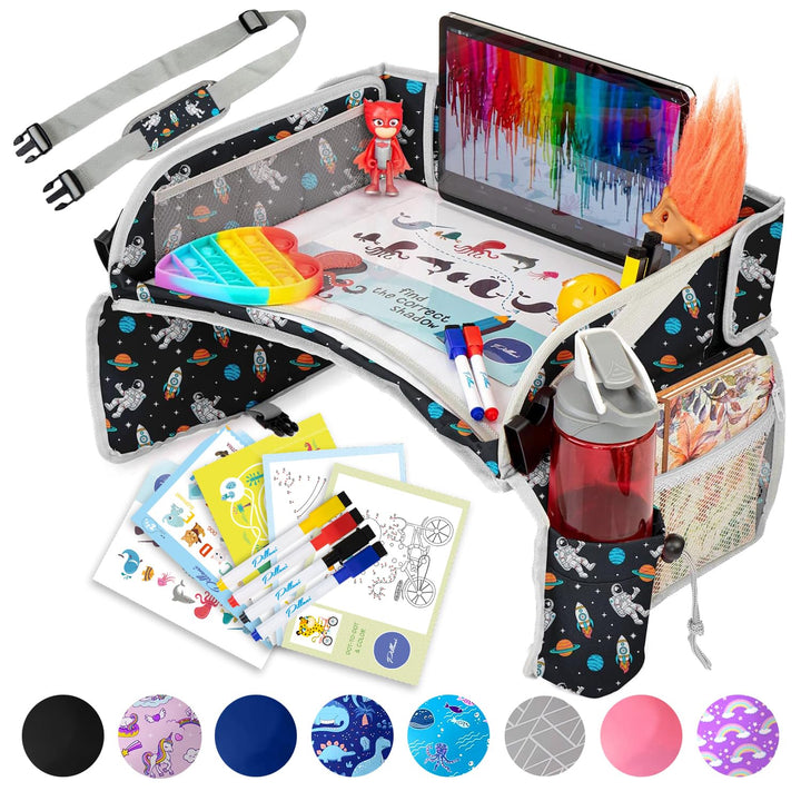 Kids Travel Tray for Car - Car Seat Tray for Kids Travel, Road Trip Essentials - Carseat Table for Roadtrip Activities - Must Have Toddler Lap Desk Organizer for Airplane - Car Accessories