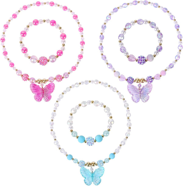 3 Sets Princess Jewelry for Little Girls, Handmade Butterfly Kids Jewelry Set, Stretch Necklace Bracelets, Perfect for Dress Up, Birthday Parties, and Costume Play