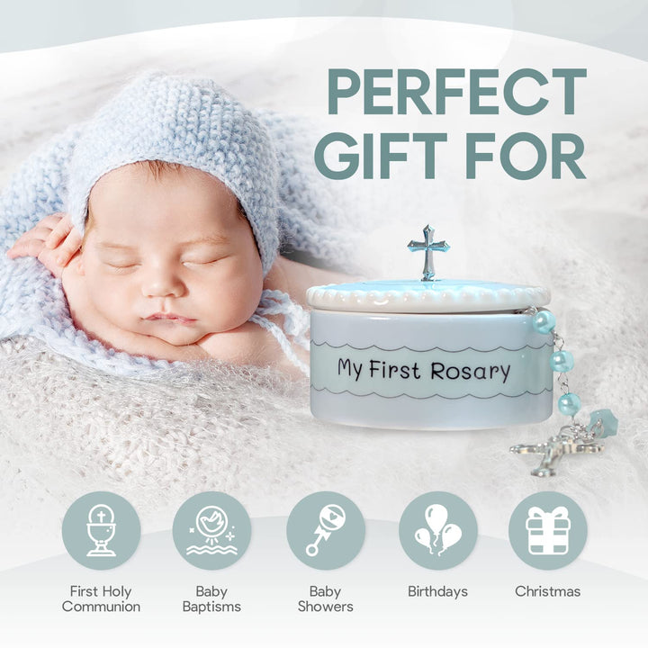Blue My First Rosary and Keepsake Box, Catholic Baptism Gifts for Boys, Blessed First Communion Gifts for Boys or Girl Christening from Godparents