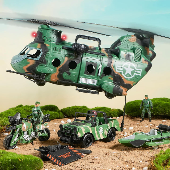 10-In-1 Military Helicopter Toys Set with Light, Sound, Trucks, Boat, Bike, Army Men, Weapons - Christmas Birthday Party Gifts for Kids