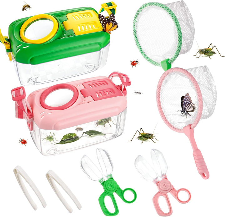 2Sets Bug Catcher for Kids - Sturdy Kids Bug Catching Kit Gifts with Collector Butterfly Net Tweezer, Bugs Habitat Outdoor Explorer Kit for Age 3 4 5 6 7 8, 8Pcs