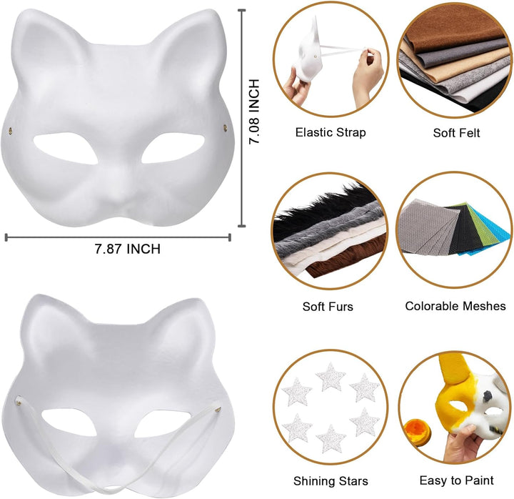 Cat Fox Therian Masks 42PCS with Felt Furs Eye Meshes and Stars, Costume Furry Masks to Paint, Animal Mask Arts Crafts Kit, Dress up DIY for Halloween Christmas Cosplay Party Interaction