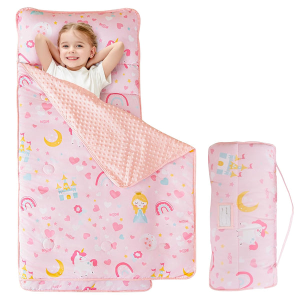 Toddler Kid Nap Mat for Preschool, Girls Pink Princess Slumber Bag, Daycare Sleeping Bag with Pillow and Blanket, Kindergarten Sleep Mat