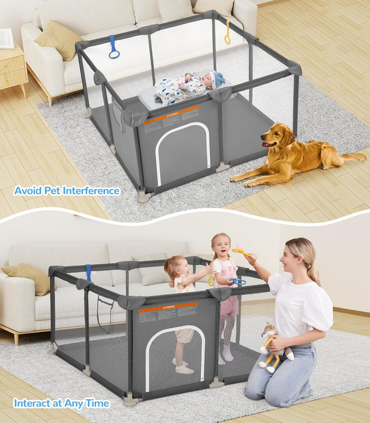Baby Playpen, 48"×48" Play Pens for Babies and Toddlers, Safe Anti-Fall Play Yard with Gates, Baby Fence with Breathable Mesh, Indoor & Outdoor Kids Activity Center, Anchor Grey