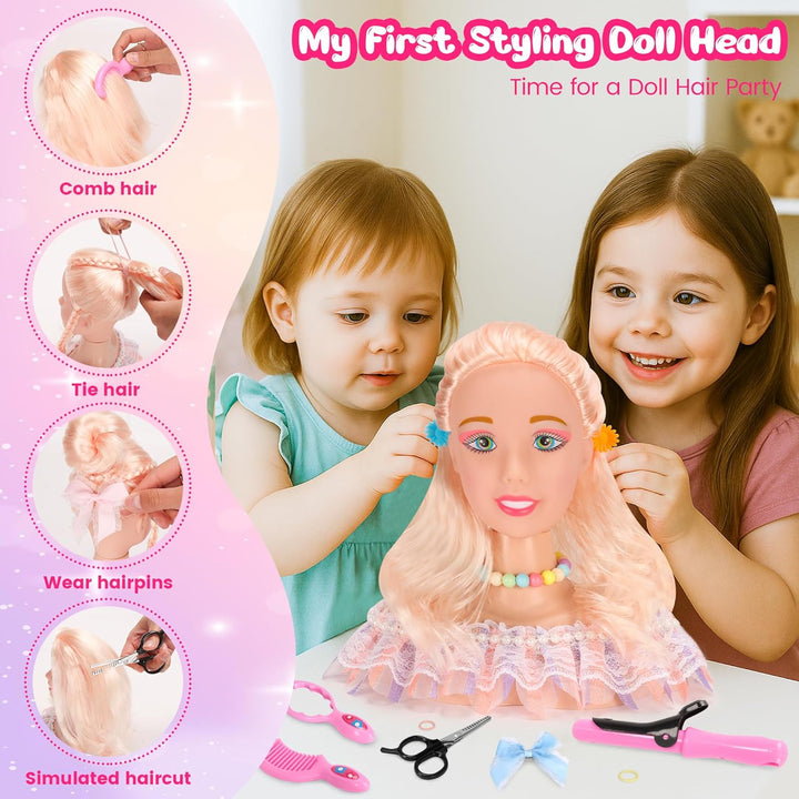 42PCS Pretend Play Hair Styling Doll Head Makeup Kit for Girl, Hair Makeup Salon Doll Toy Kid, with Hairdryer Curling Iron Eye Shadow Powder Hair Clip Set Birthday for 3+ Girl Year
