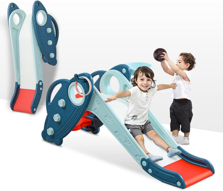 Kids Slide for Toddlers Age 1-3 Indoor Baby Plastic Slide Outdoor Climber Freestanding Playset with Basketball Hoop & Ring Game Grey
