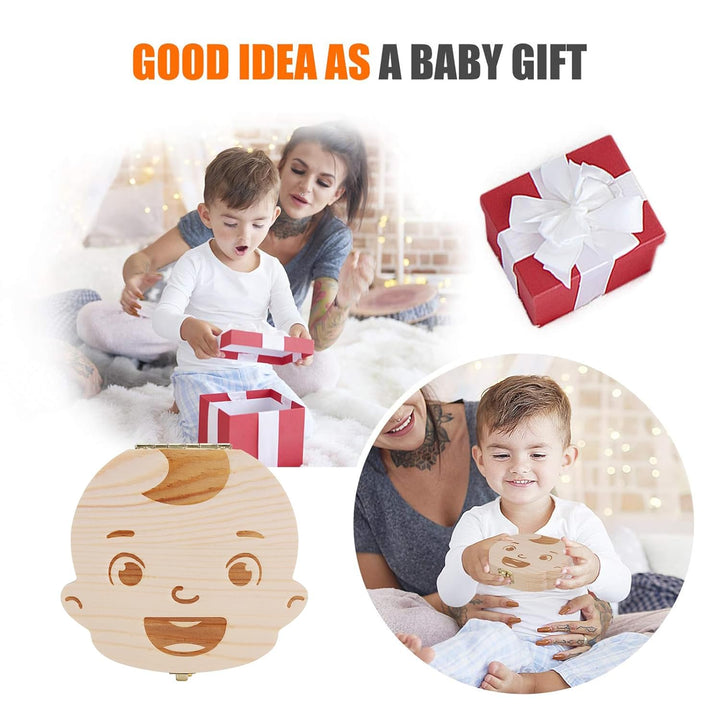 Baby Tooth Box Wooden Kids Keepsake Organizer Gift for Baby Teeth, Cute Children Tooth Container with Tweezers to Keep the Childwood Memory (Boy)