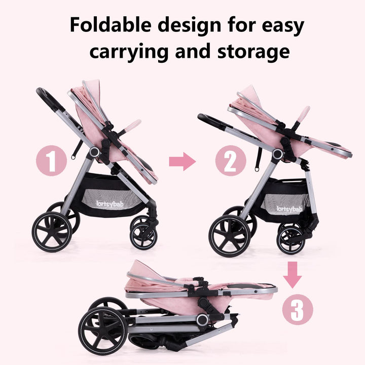 2-In-1 Baby Stroller with Bassinet Mode - Folding Infant Newborn Pram Stroller with Reversible Seat - Toddler Strollers for 0-36 Months Old Babies (Pink)