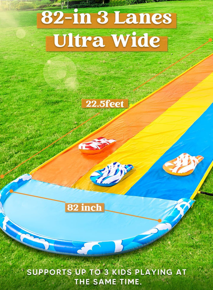 22.5Ft X 82In Waves Triple Lawn Water Slide,Heavy Duty Lawn Water S with 3 Body Boards and Slip Sprinkler for Kids Adults Backyard Summer Outdoor
