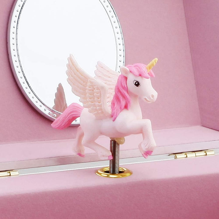 Musical Jewelry Glitter Storage Box and Jewelry Set for Little Girls with Spinning Unicorn and Rainbow - over the Waves Tune Pink