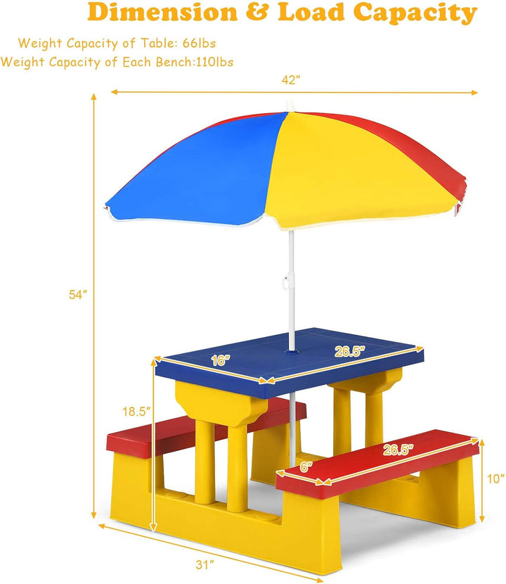 Kids Picnic Table, Indoor & Outdoor Table and Bench with Removable Umbrella, Portable Toddler Picnic Table and Chair Set for Garden, Backyard, Patio