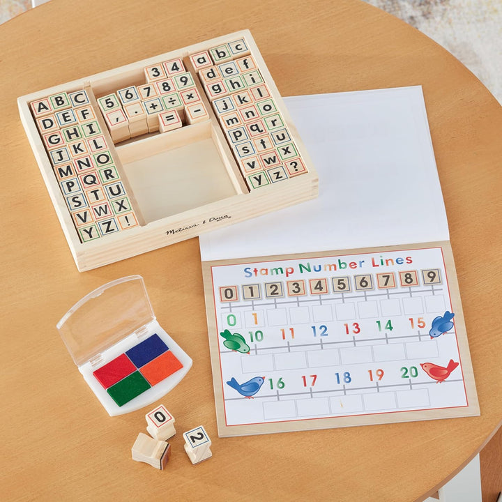 Deluxe Letters and Numbers Wooden Stamp Set Abcs 123S with Activity Book, 4-Color Stamp Pad - FSC Certified