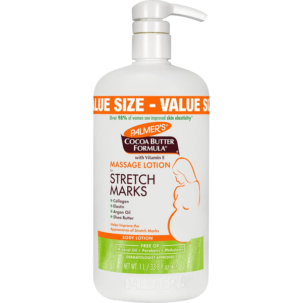Cocoa Butter Formula Massage Lotion for Stretch Marks, Pregnancy Skin Care, Belly Cream with Collagen, Elastin, Argan Oil and Shea Butter, 33.8 Ounces
