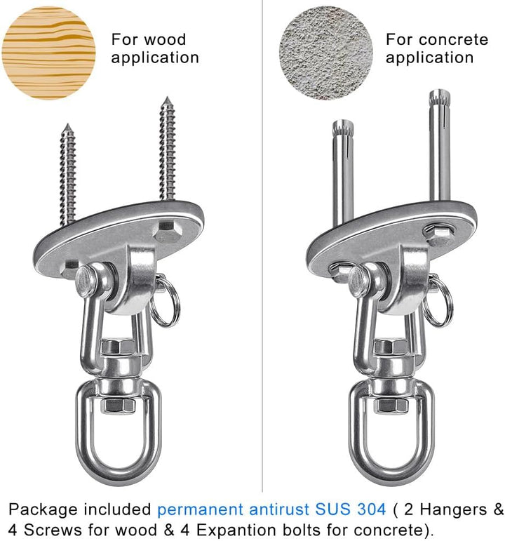 Ceiling Swing Mount Stainless Steel Swing Hangers Free Swivel Swing Hooks for Yoga Swing Indoor Outdoor Swing Set Porch Swing Chair Punching Heavy Bag 2000 Lbs Capacity Each 2 Pack