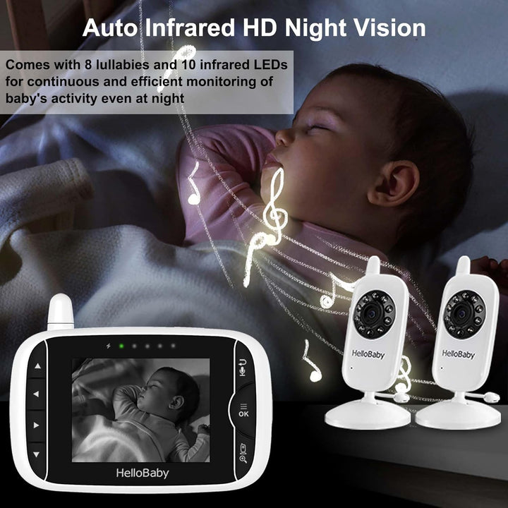Baby Monitor with 2 Cameras, No Wifi, with Camera and Audio,Video, Night Vision 2-Way Audio, Fully Remote Pan & Tilt, 2X Zoom, ECO Mode, 8 Lullabies