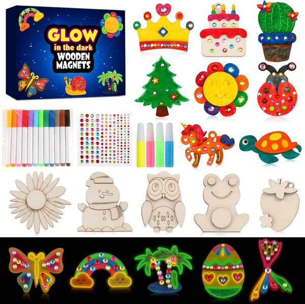30Pcs DIY Wooden Magnets, Glow in the Dark Wooden Art Craft Supplies Painting Kit for Kids Activities Party Favors for Boys Girls Ages 4-8 8-12 Birthday Gifts Toys Pinata Goodie Bags Stuffers