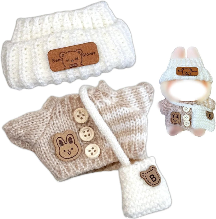 3-Piece Handcrafted Crochet Doll Clothes - Compatible with Labubu 5.91-6.7Inch (15-17Cm) Dolls as Accessories, Premium Dolls Outfit with Accessories, Hand Crocheted Hat, Sweaters, Bag (Maillard Brown)