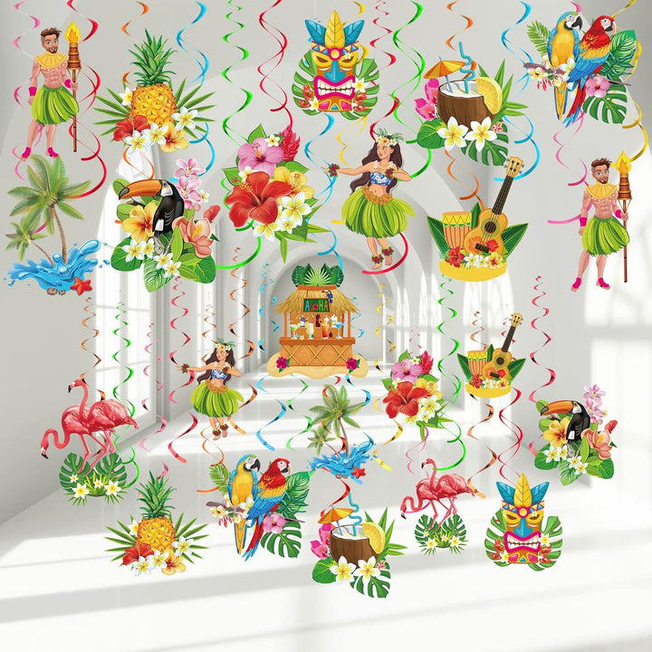 30 Pieces Hawaiian Luau Birthday Party Hanging Swirl Decorations, Flower Tropical Palm Flamingo Sign Foil Ceiling Decor for Floral Tropical Party Summer Beach Pool Tiki Supplies(Summer)