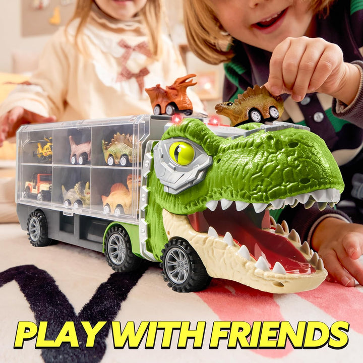 13 in 1 Dinosaur Toys for Kids 3-5, Dinosaur Truck with 12 Pull Back Cars, Small Cars Set, Birthday Gifts Toys for 3 4 5+ Year Old Boy, Transport Carrier Truck for Toddlers 3-4 Years