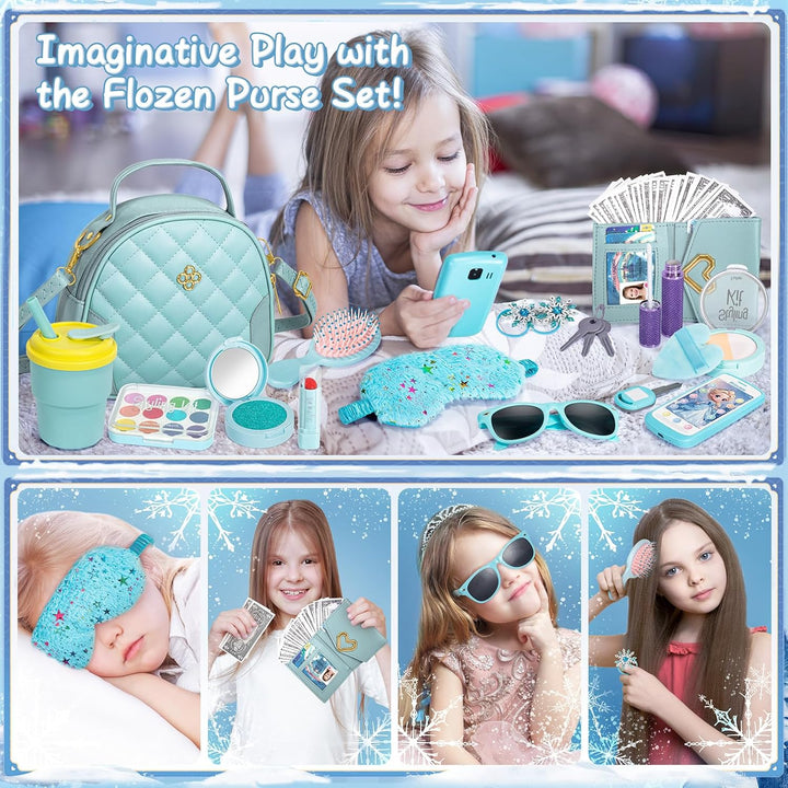 Play Purse for Little Girl, Princess Frozen Toy Purse with Accessories, Pretend Makeup Set, Handbag, Wallet, Water Bottle, Birthday Toy for Girl 3 4 5 6 7 8 Year Old