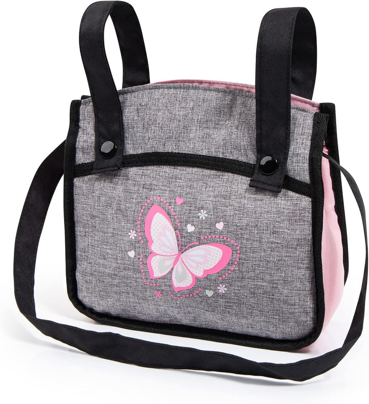 : Pram Xeo: Butterfly Grey & Pink - Matching Handbag, Adjustable Handle, for Dolls up to 20", Ages 3+ | Dress Up