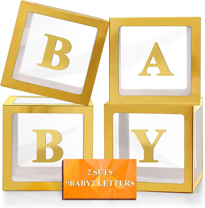 Baby Boxes with Letters for Baby Shower Decorations, 4 Pcs Clear Baby Balloon Boxes Blocks Decor with LED Fairy String Lights for Boy Girl Gender Reveal Decorations Backdrop Party (White)