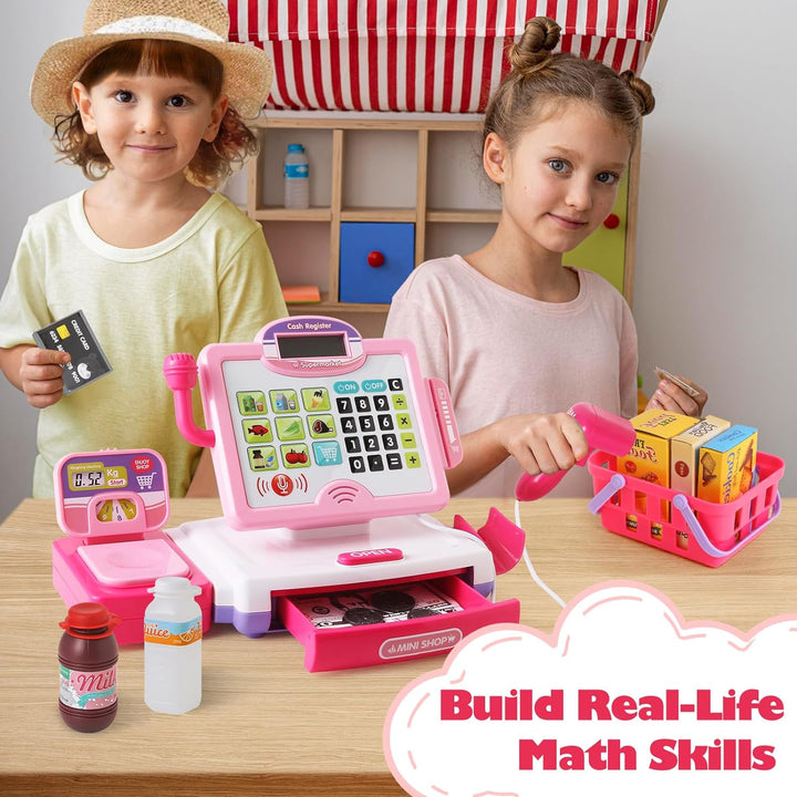 Play Calculator Cash Register Toy Gift for Kids Girls Age 3, 4, 5, 6, 7, 8+ Year Old, 57 Pcs Pink Pretend Grocery Store Playset, Incl Microphone, Credit Card, Scanner, Fake Food, Play Money for Kids
