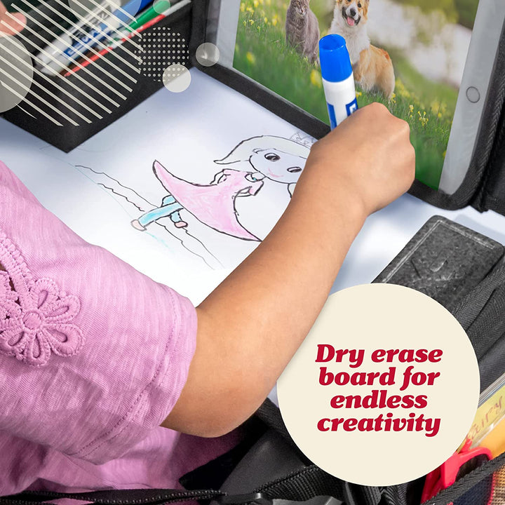 Car Seat Tray for Kids Travel - Black 600D Oxford Lap Desk Organizer with Dry-Erase Surface, Tablet Stand, Snack Holder & Cup Holder - Travel Tray for Kids Car Seat