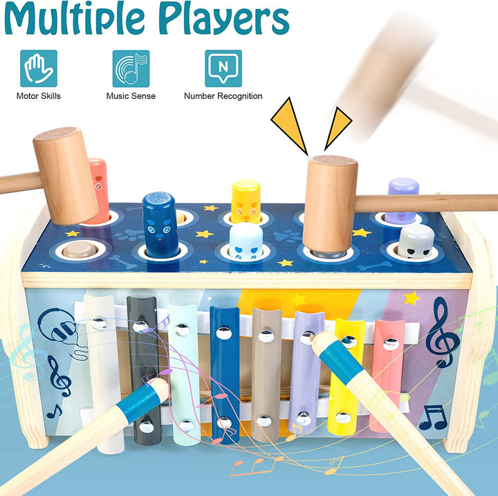 Montessori Pounding Toy for 1 2 Year Olds Wooden Hammering & Activity Board with Xylophone, Number Maze, Pounding Bench Educational Toddler Gift Toys Age 1-3