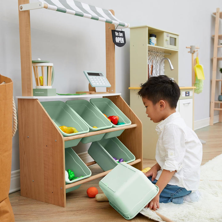 Little Helper Wooden Farmer'S Market Stand with Pretend Cash Register and 6 Plastic Storage Bins, Green, TD-13638A-AMZ