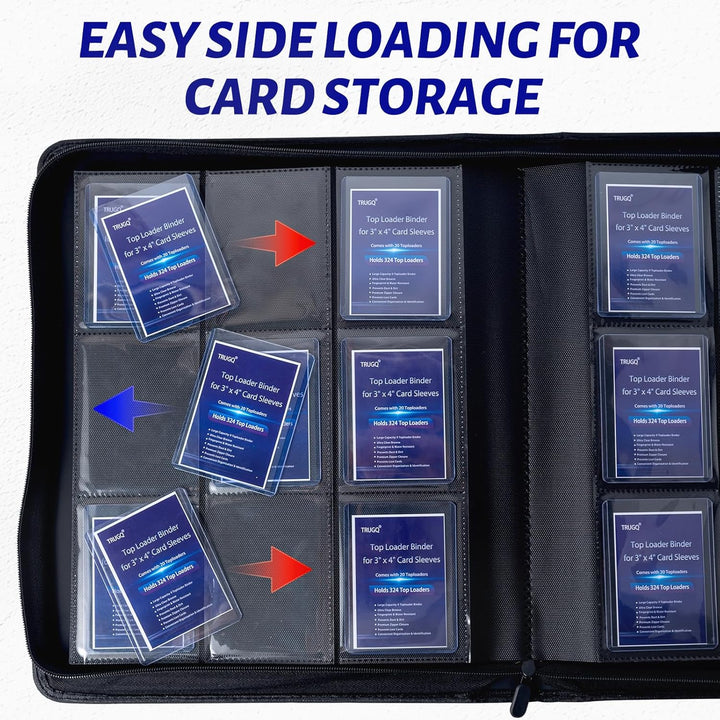 Toploader Binder Holds 324 Toploaders | 20 Toploaders |Waterproof PU Leather + Anti-Yellowing PP Inserts | Ridge Tab Sorting Portable Top Loader Binder for Cards (For Sports/Game Cards)