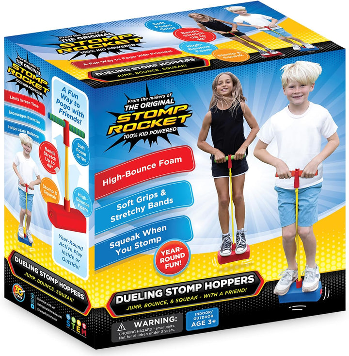 Dueling Stomp Hopper - Jump, Bounce & Squeak Foam POGO Jumper for Kids - Toddler Pogo Stick with Soft Grips & Stretchy Bands - STEM Indoor & Outdoor Toys for 3-5 Year Olds